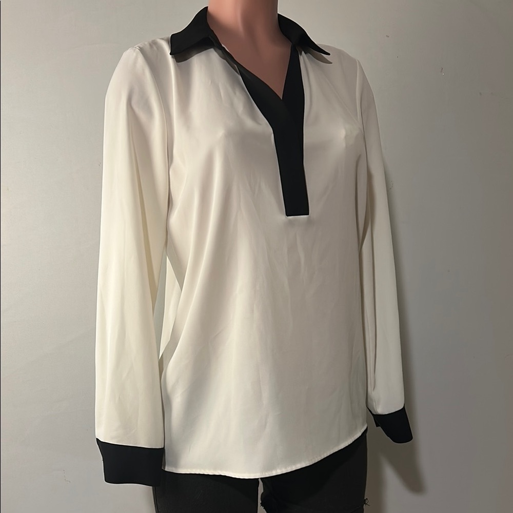 Calvin Klein Tunic Blouse Vintage Y2K Cream & Black Long Sleeve Women's Size SP